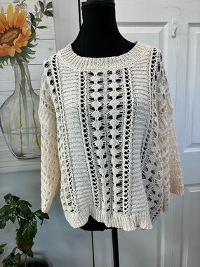 BiBi Cream Open-Knit Scoop Neck Sweater